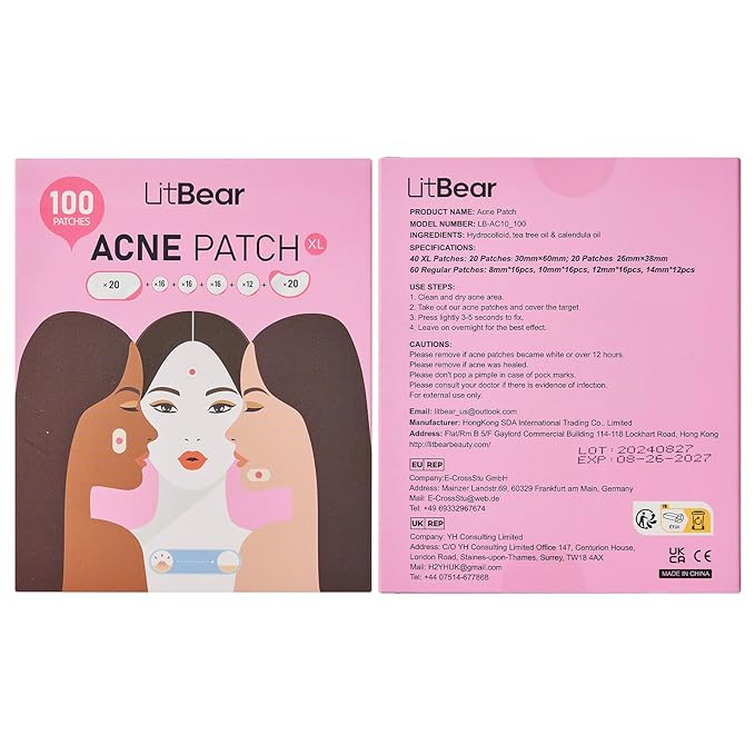 LitBear Large Acne Pimple Patches, 6 Sizes 100 Patches for Large Breakouts, Acne Patches for Face, Chin or Body, Acne Spot Patch with Tea Tree & Calendula Oil, Hydrocolloid Bandages for Acne Skin