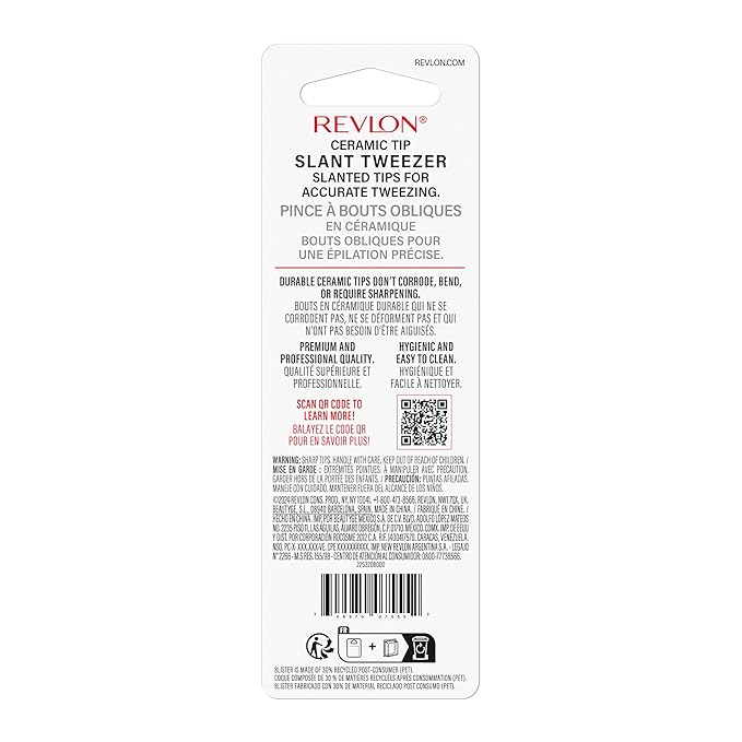 Revlon Ceramic Slanted Tip Tweezers, Precision For Eyebrow Shaping and Fine Hair Removal, Stocking Stuffer for Women & Men, Stainless Steel Body, 1 count