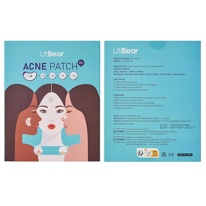 LitBear Acne Patches Large, Hydrocolloid Pimple Patches for Breakouts, Zit and Blemish, Acne Patches for Face, Chin, Back and Body with Tea Tree Oil (Pack of 2)