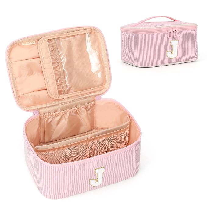OCHEAL Makeup Bag for Women, Monogram Cosmetic Bag with Brush Holder, Pink Travel Makeup Case Beauty Toiletry Bag Organizer Personalized Gifts for Girls Bridesmaid, Sister, Wife, Friends Initial J
