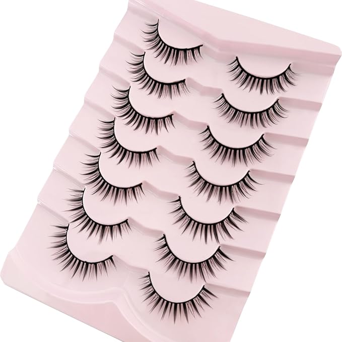 Natural Lashes Manga Lashes Cat Eye Lashes False Eyelashes Natural Look, Yasnai Wispy EyeLashes Short 10mm Wet Look Fake Lashes Volume Lashes, Strips Lashes Eyelashes 7 Pairs Pack