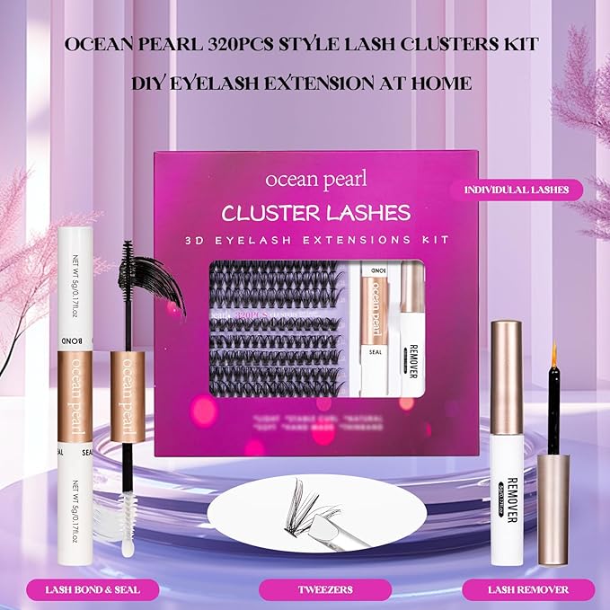 OCEAN PEARL 40D 50D Lash Clusters Lash Extension Kit 320 Pcs Thick Eyelashes Natural Lashes Clusters 10-16mm Eyelash Extensions Kit Individual Lashes with Bond and Seal Tweezers DIY Eyelash Extension