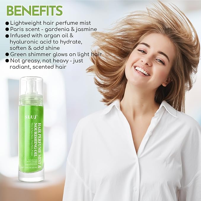 SLUJ Hair Perfume for Women - Hair Mist with Argan Oil & Light Green Shimmer, Lightweight Hair Oil Spray for Dry Hair, Heat Protection Spray for Hair, Long Lasting Hair Scent