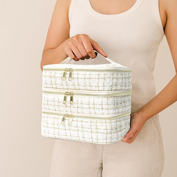 Travel Makeup Bag for Women Three Layer Large Cosmetic Case Water-resistant Toiletry Bag Organizer for Store Toiletries Cosmetic Accessories and Manicure Sets Gold White