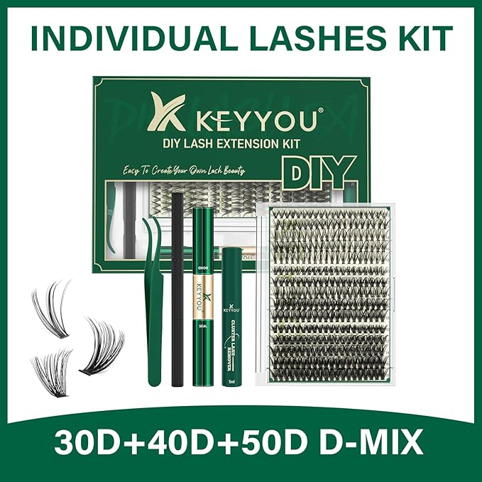 KEYYOU Lash Extension Kit DIY 300Pcs Lash Clusters Eyelash Extension Kit Lash Clusters Kit with Lash Glue Remover Applicator Easy to Use for Beginners(Kit,30D40D50D-C,8-16MIX)