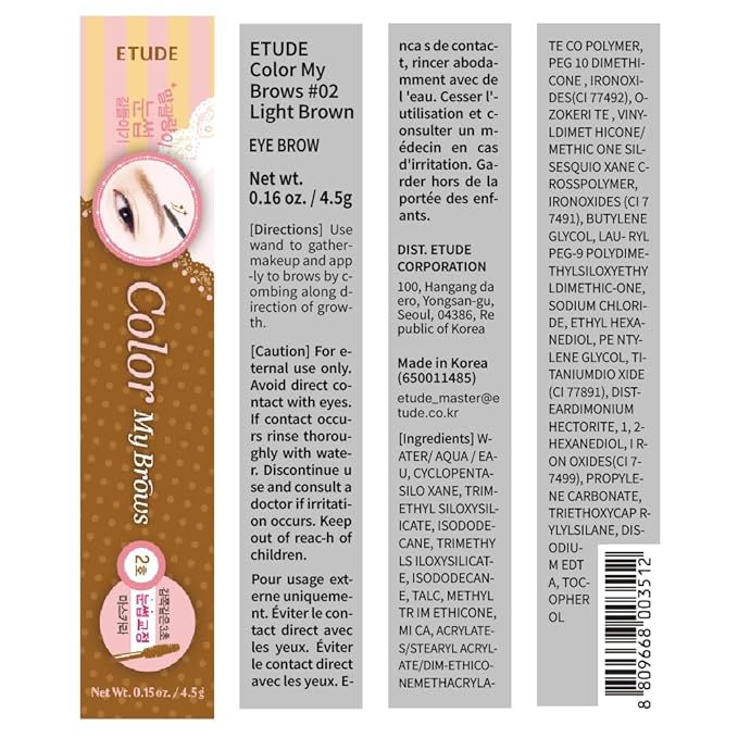 ETUDE Color My Brows, Brow Mascara, 3D Natural Coloring, Beeswax & Carnauba Wax, Moisturizing Brow Care, Eyebrow tint, Soft Gel Texture, Korean Makeup, Beauty, Light Brown (0.152 Fl Oz)