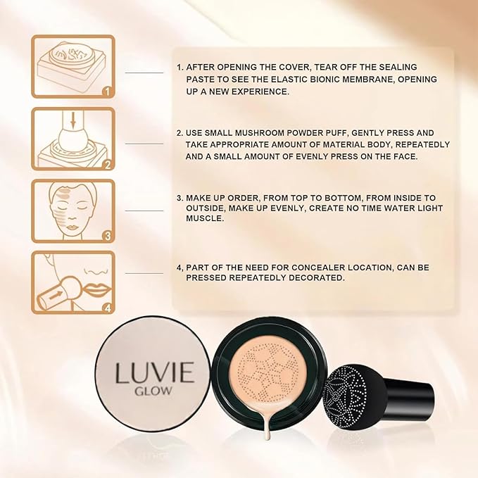 Luvie Glow Foundation Cushion, Mushroom Head Air Cushion CC Cream, BB Cream Face Makeup Foundation, Moisturizing Concealer Brighten Long-Lasting, Even Skin Tone for All Skin Types (warm)