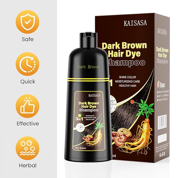Dark Brown Hair Dye Shampoo 3 in 1, Hair Color Shampoo for Cover Grey Hair, Natural with Herbal Ingredient for Men and Women (Dark Brown)