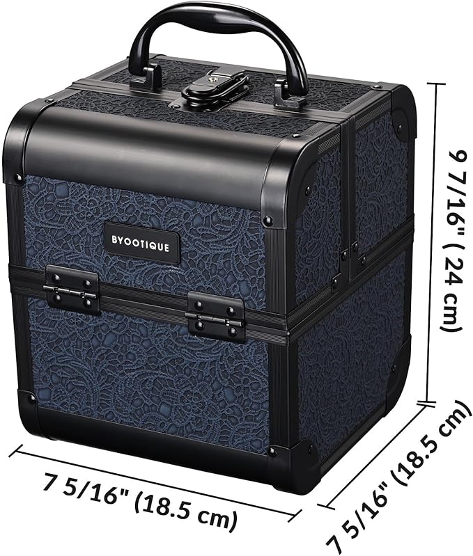 BYOOTIQUE Travel Makeup Case with Mirror 2-Tier Trays Cosmetic Organizer Jewelry Box for Beautician Nail Tech Barbershop Hairstylist,Rococo Midnight