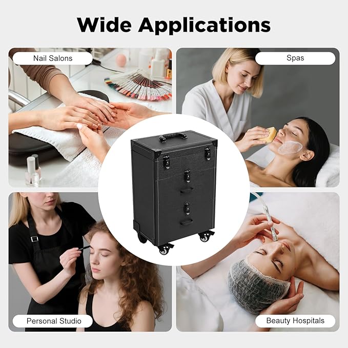 Makeup Train Case, Rolling Makeup Trolley Case, 3 Tiers Lockable Nail Polish Organizer with 2 Keys 4 Wheels (2 with Brakes) for Travel Makeup Artists Nail Technicians (Black Case, Black Lock)