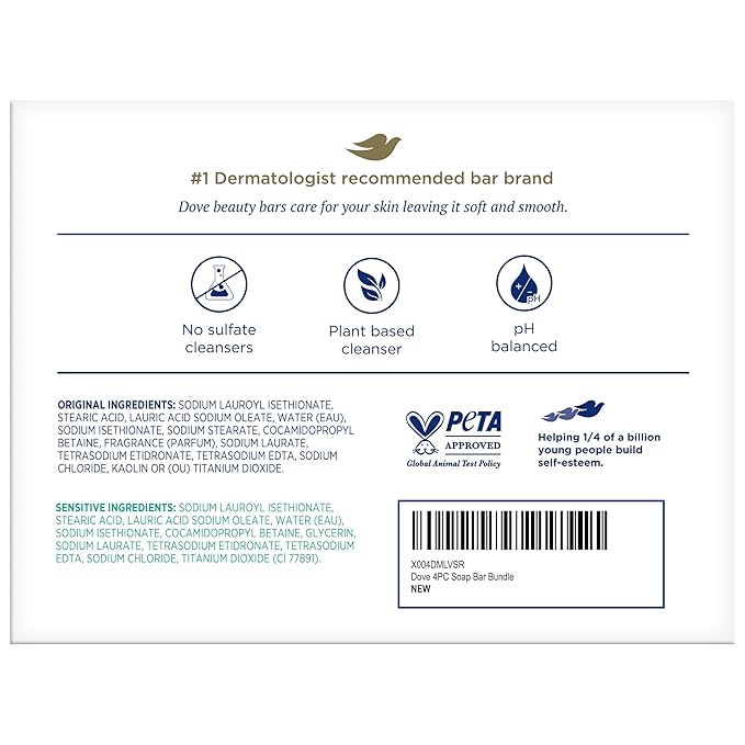Dove Beauty Bar Soap Variety 4-Pack – Sensitive Skin, Fragrance-Free + Original, with Moisturizing Cream, 2.6 Oz Ea