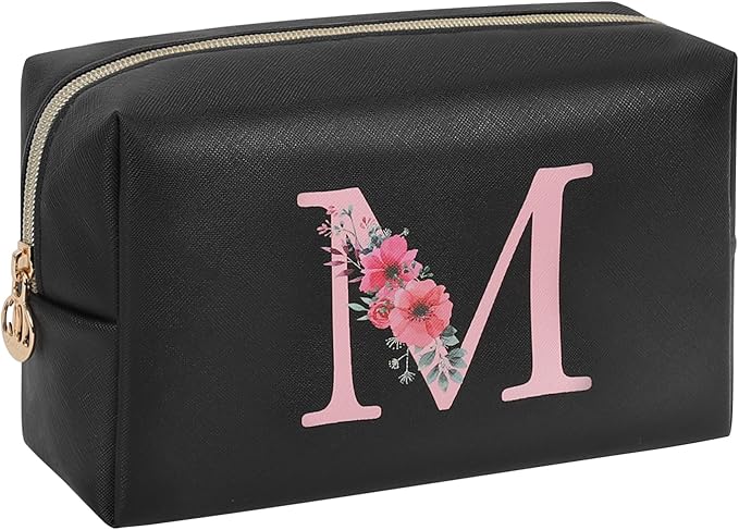 Personalized Initial Makeup Bag, Birthday Gifts for Women and Girls, Small Makeup Pouch Travel Toiletry Bag, Make Up Organizer Bag Gift Trendy Stuff for Friend Mom Teacher, Black