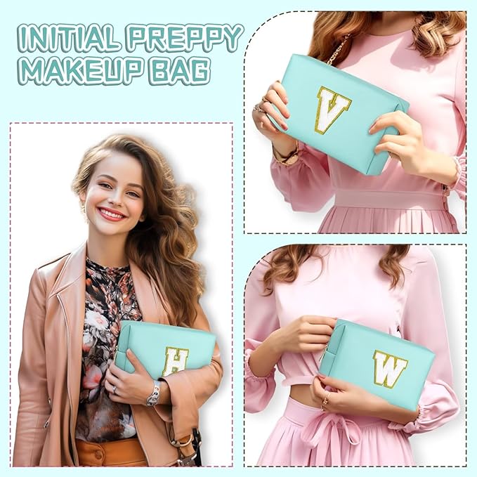 TOPEAST Preppy Makeup Bag, Small Cosmetic Travel Bags for Women, PU Leather Waterproof Toiletry Bag with Zipper, Personalized Birthday Gift for Women Girl, Preppy Gifts for Girl (Blue Z)