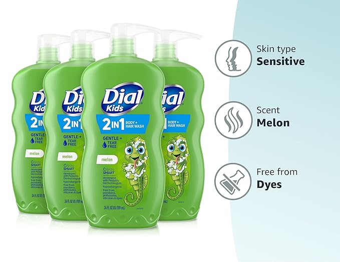 Dial Kids All-in-1 Body Wash + Hair + Bubble Bath, Melon Scent, 24 Fl Oz, Pack of 4, Hypoallergenic Body Wash & Shampoo, No Tears Formula for Kids 2+ Years, No Parabens & Silicones
