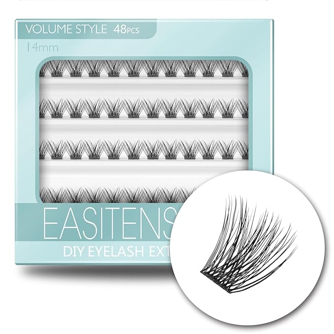 DIY Eyelash Extension, 3D Effect Glue Bonded Band Individual Lash 48 Clusters Volume Lashes Set, Home Eyelash Extension, C curl Lashes Pack 14MM-Volume-48 Clusters