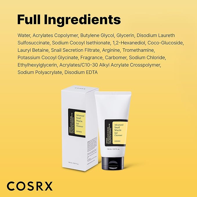 COSRX Advanced Snail Mucin Gel Cleanser, 5.07 Fl Oz / 150 mL, Rich Daily Deep Cleansing Gel for Dry & Sensitive Skin, Korean Skin Care, Not Tested on Animals, No Parabens, Stocking Stuffers