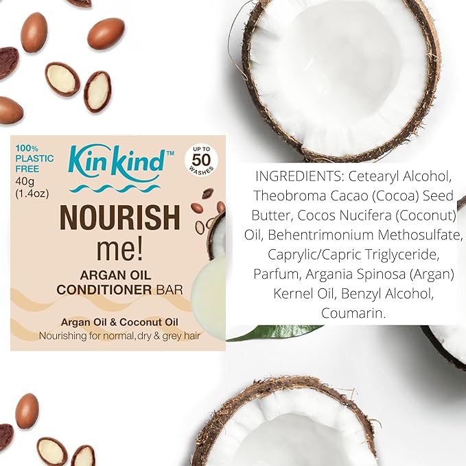 KinKind NOURISH me Travel Shampoo and Conditioner Bars. Up to 50 washes. This travel and gift set contains a soap tin for each bar. No leakage, less space, less weight.
