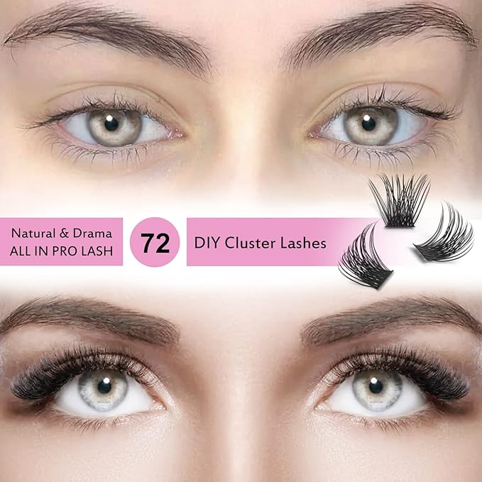 Cluster Lashes 72 Pcs Lash Clusters DIY Eyelash Extension Individual Lashes D-16mm Thin Band Easy to Apply at home Lashes (Attraction, D-16mm)