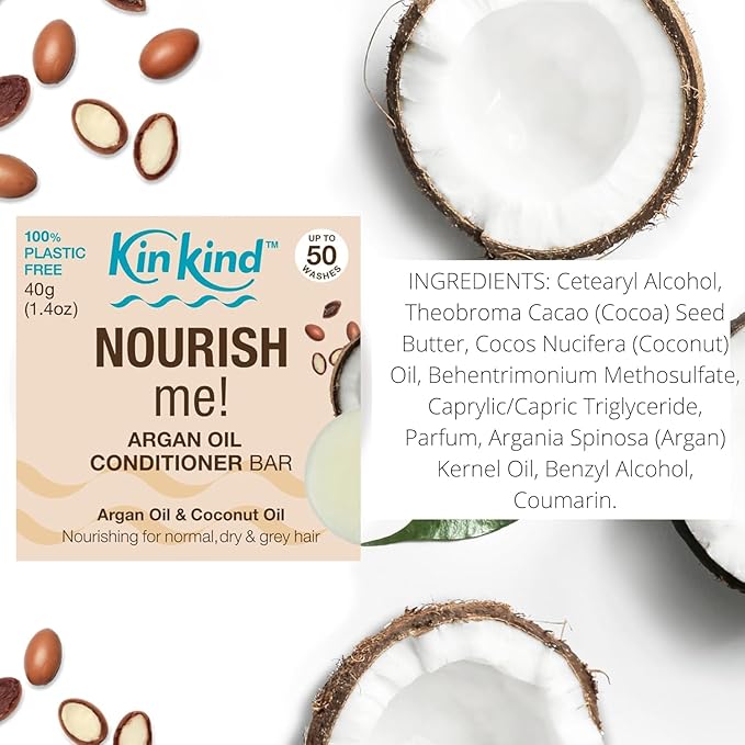 KinKind NOURISH me! Shampoo and Conditioner Bar Set | Argan Oil and Coconut Oil Shampoo and Conditioner Bars for Hydration & Softness | For normal, dry and grey hair. 50 washes. UK made