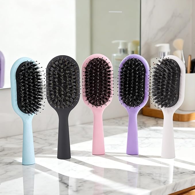 Boar Bristles Hair Brush for Women Men and Kids, Detangling Hair Brush for Smoothing Massage Add Shine, Nylon&Boar Bristles brush for Hair Healthy, Easy to Storage(Pink)