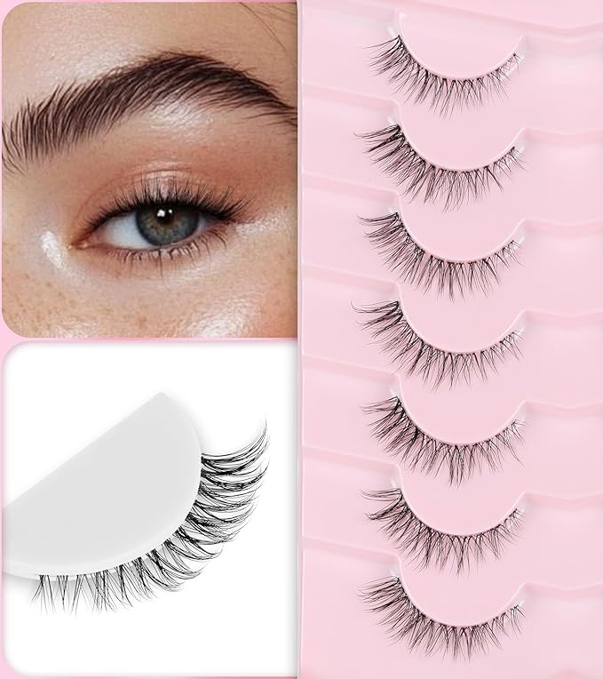 Cat Eye Lashes Wispy 12MM Eyelashes Natural Look C Curl Lash Strips with 0.1MM Clear Band 3D Volume False Lashes Pack ChirpyLuna Fake Eyelashes 7 Pair
