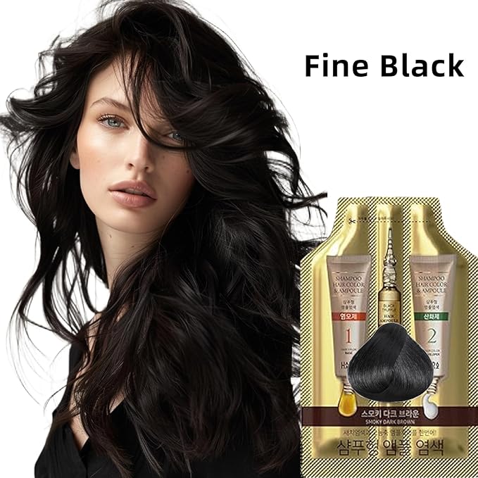 Instant Permanent Hair Color Dye Shampoo Ampoule - Paraben-Free, 5-Minute Easy and Fast Coloring, Gray Cover Hair Dye with Keratin & Collagen, Made in Korea (Fine Black)