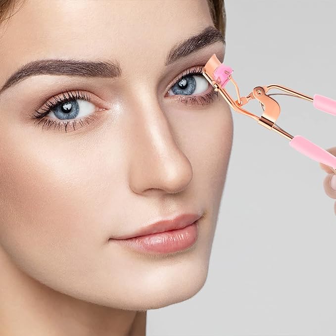 Eyelash Curler Kit Metal Eye Lashes Curler,Professional Makeup Tool with Built-in Comb Eye with 10 Replacement Refill Pads Get Dramatically Curled Eyelashes for Women Girl (Pink)