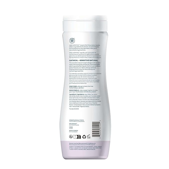 ATTITUDE Body Wash for Sensitive Skin with Oat and Chamomile, EWG Verified, Dermatologically Tested, Vegan, 16 Fl Oz