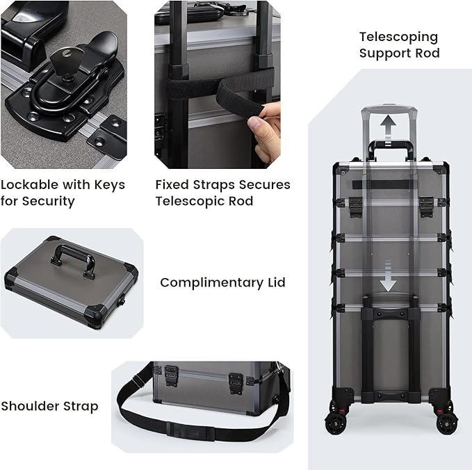 FRENESSA Rolling Makeup Train Case Cosmetology Case on Wheels 5 in 1 Makeup Case with Lid Rolling Large Make Up Organizer for Artist Barber Salon Nail Teach Kits Professional Cosmetic Box Grey