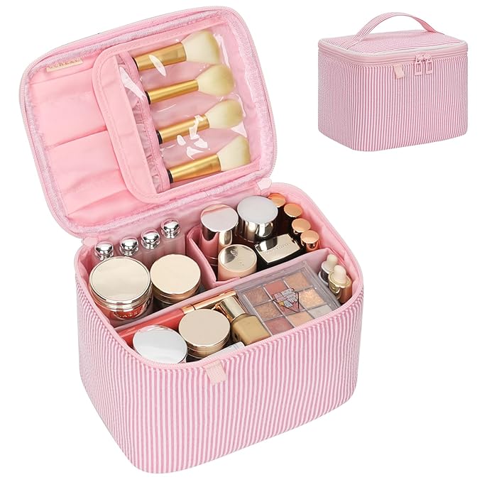 OCHEAL Makeup Bag Large Capacity Travel Make up Pouch for Cosmetics, Vertical Storage with Divider Toiletry Bag for Skincare Organization-Pink