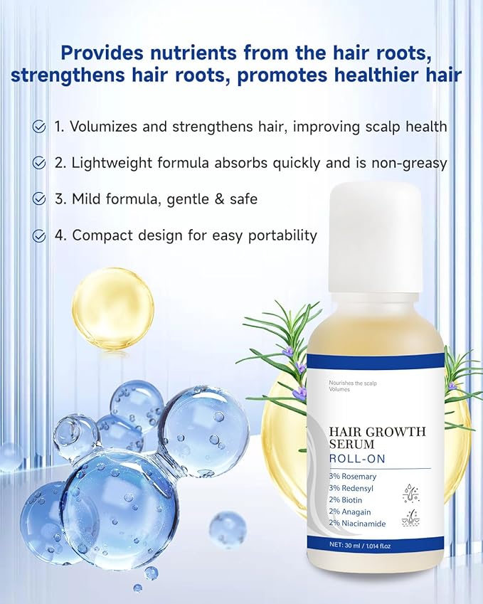 Hair Growth Serum Roll On with Rosemary, Redensyl, Biotin, AnaGain & Niacinamide,No-Rinse & Non-Greasy For All Hair Types (1.01 fl.oz 1Pack, 3% Rosemary)