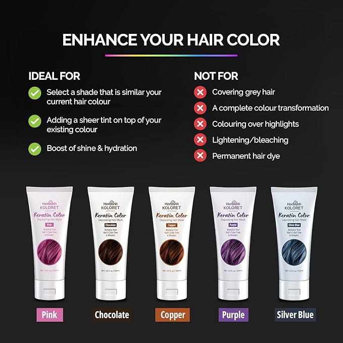 Herbishh Koloret Keratin Color Depositing Mask - 2-in-1 Deep Conditioner for Vibrant Refreshed Hair, Ideal for Dry Damaged Types, Salon-Worthy Shine at Home, Pink, 3.5 fl.oz