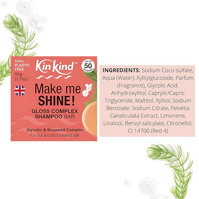 KinKind Shine Gloss Complex Shampoo Bar - Glycolic Acid & Seaweed Shampoo - For Colour-Treated & Dull Hair - UK Made - Up to 50 Washes - Vegan & Cruelty-Free