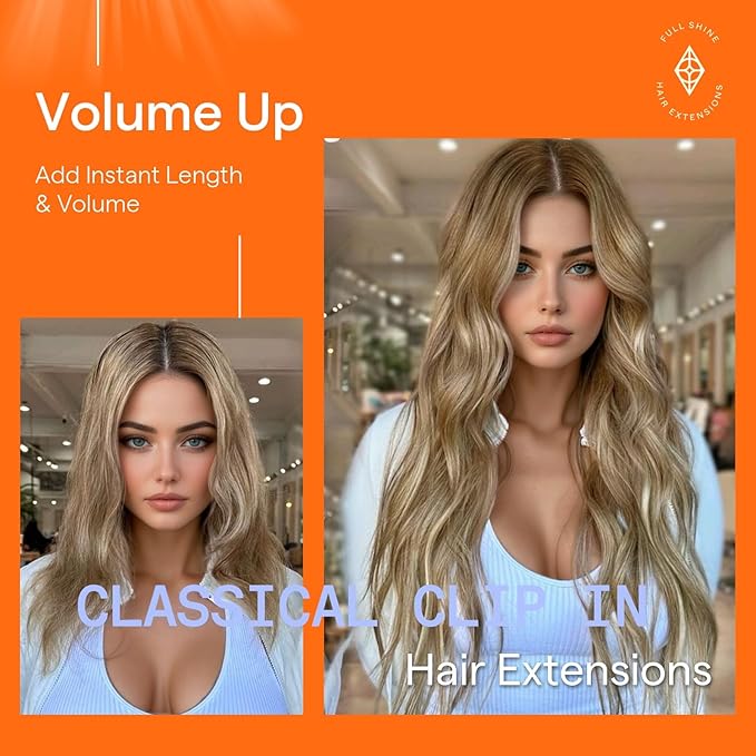 Full Shine 18 Inch Clip in Extensions Remy Human Hair Clip in Hair Extensions Chestnut Brown Balayage to Brown With Platinum Blonde Real Hair Clip ins Double Weft 7 Pcs 120 G