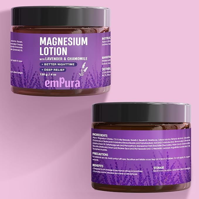 Lavender Magnesium Lotion, Nighttime Magnesium Cream with Chamomile, Shea Butter & Jojoba Oil - Muscle Relief & Relaxation for Legs, Arms, Feet - Christmas Gifts for Women (4oz)