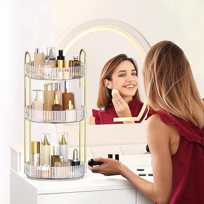 MOKANI 360 Rotating Makeup Organizer for Vanity, 3 Tier Adjustable Perfume Organizer for Dresser, Multi-Function Spinning Cosmetics Skincare Storage for Bedroom, Dresser, Countertop, Clear