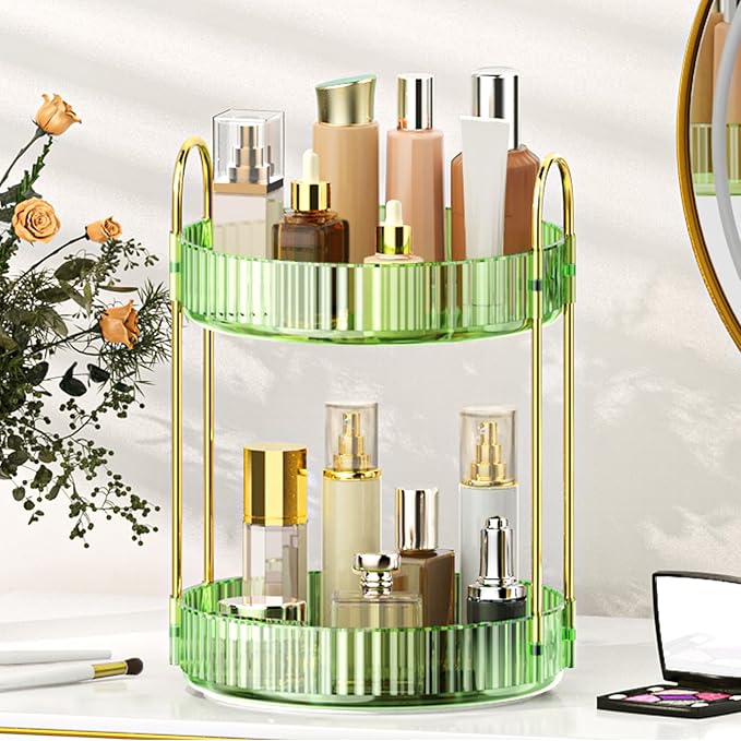 MOKANI 360 Rotating Makeup Organizer for Vanity, 2 Tier Adjustable Perfume Organizer for Dresser, Multi-Function Spinning Cosmetics Skincare Storage for Bedroom, Dresser, Countertop, Green