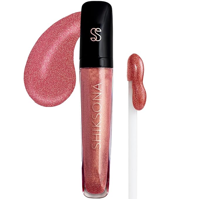 ShikSona High Shine Lip Gloss | Hydrating, Vegan, Non-Sticky Lipgloss in a Timeless, Universal Color | Raw Emotions (Rose Pink with Gold sparkling pearls)