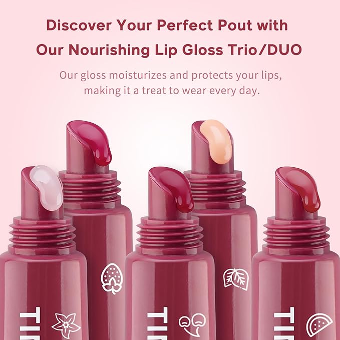Color Nymph Tinted Lip Gloss Trio, Nourishing Lip Balm Set with Shea Butter & VE, Non-Sticky Intense Hydrating Lipgloss for Dry Lips, Sheer Tint | Vegan & Cruelty-free, #04 Strawberry Vanilla & Cherry