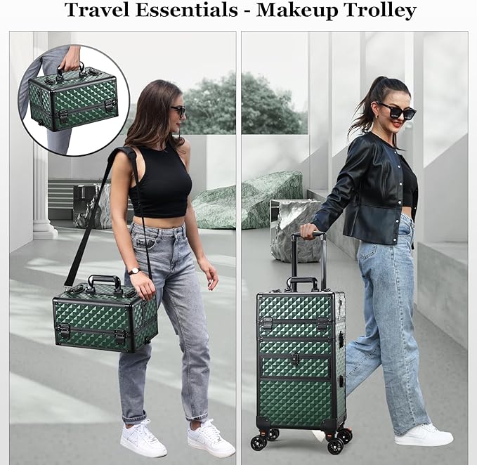 Joligrace Rolling Makeup Case with Wheels & Drawers Large Professional Cosmetology Trolley Case Travel Cosmetic Storage Train Cases for Nail Technicians, Makeup Artist and Hairstylist Dark Green