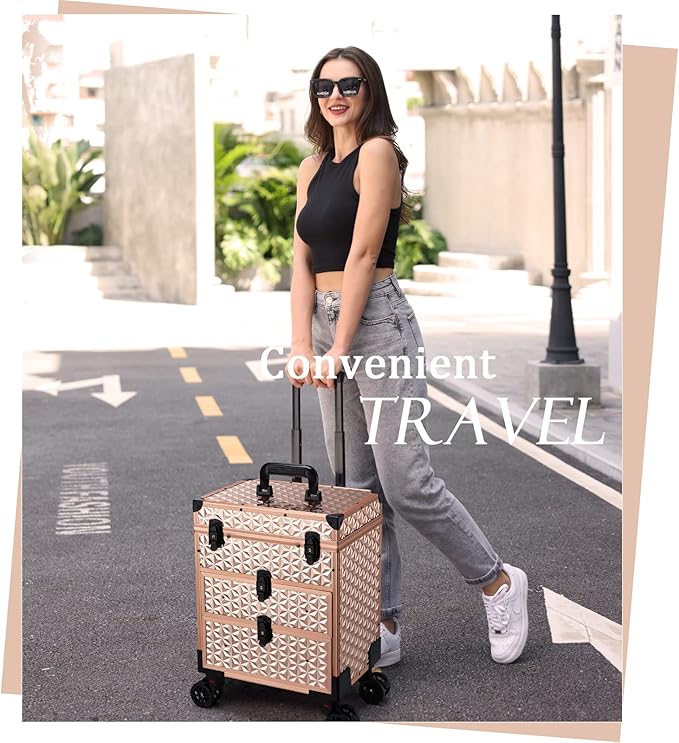 FRENESSA Professional Rolling Makeup Case Aluminum Trolley Train Case with Swivel Wheels for Makuep Artist Travel Cosmetic Organizer with Sliding Drawers for Nail Tech Hairstylist Barber Rose Gold