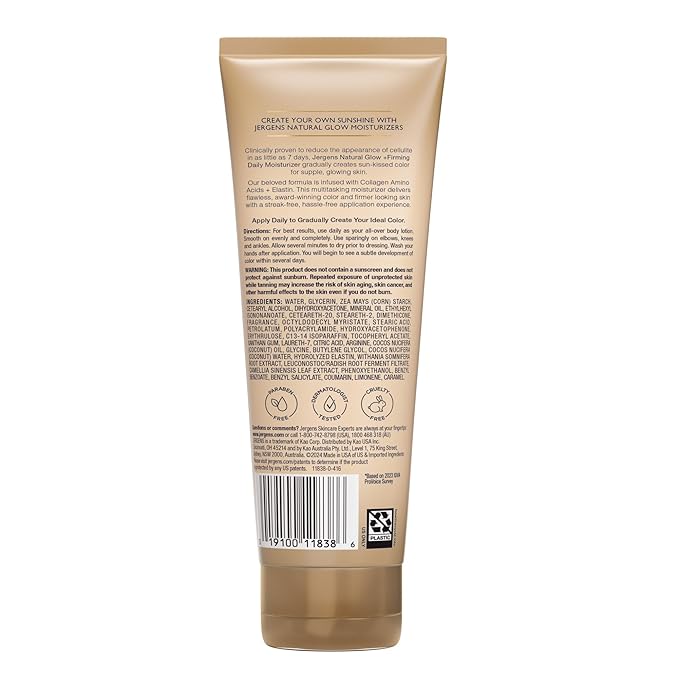 Jergens Natural Glow +Firming Self Tanner Body Lotion, Medium to Deep Skin Tone, Sunless Tanning Moisturizer with Collagen and Elastin, Helps to Visibly Reduce Cellulite, 7.5 Oz, Pack of 2