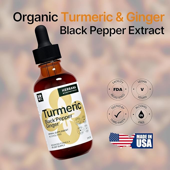 Turmeric 3-in-1 Liquid Extract - Curcumin & Ginger, Black Pepper - Natural Herbal Supplement - Immune and Brain Booster Tincture (2 FL OZ)