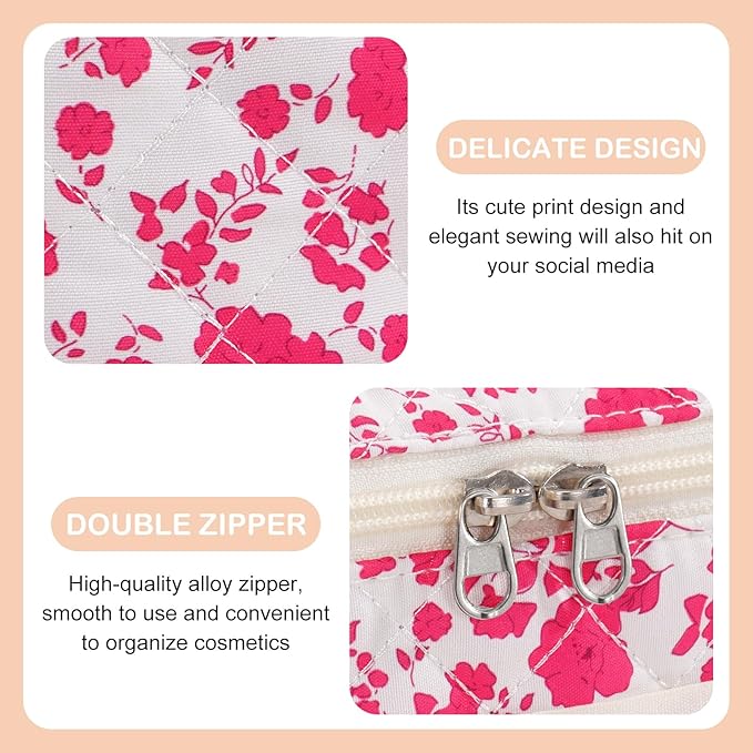 Makeup Bag for Women Quilted Corduroy Make Up Bag Travel Cosmetic Bag Large Makeup Bag Cute Makeup Bags Organizer Floral Toiletry Bag Makeup Pouch for Purse, Rose Floral-1PCS