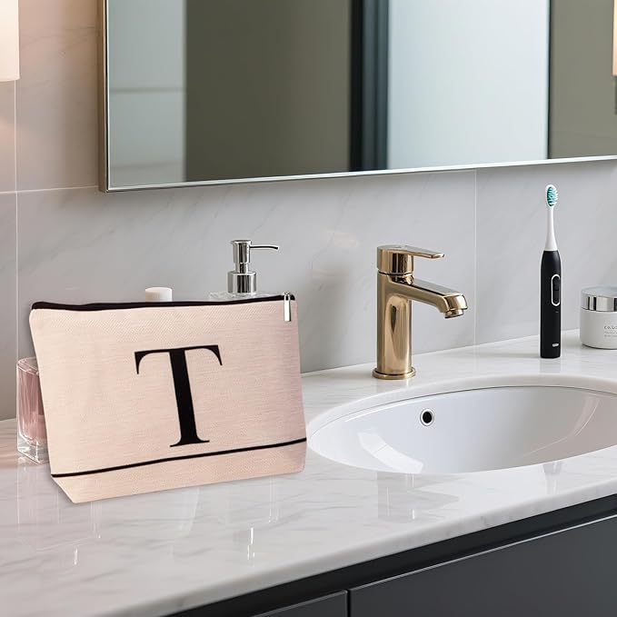 Letter A-Z Initial Personalized Makeup Bags, Birthday Gifts for Women, Monogrammed Gifts for Women Mom Sister Best Friend Bride Bridesmaid, Mothers Day, Christmas, Small Travel Cosmetic Bag (T)
