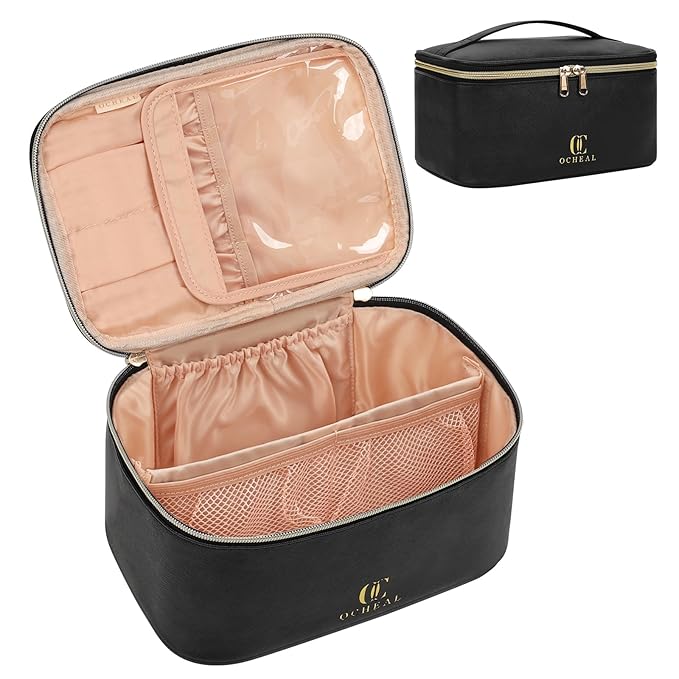 OCHEAL Makeup Bag, Portable Cosmetic Bag, Large Capacity Travel Makeup Case Organizer, Black For Women Toiletry Bag for Girls Traveling With Handle and Divider