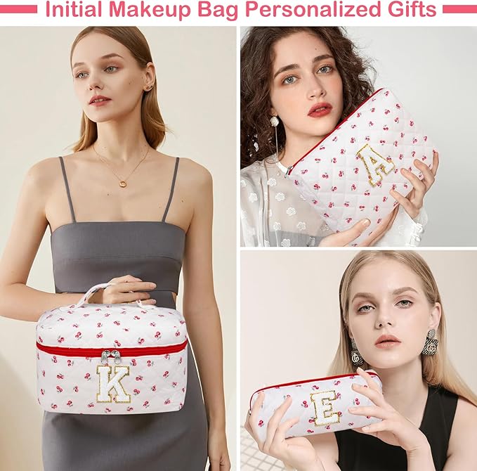 Initial Makeup Bag Set, Personalized Quilted Makeup Bag, Large Floral Cosmetic Bag for Women, Cute Cotton Custom Make up Bags, Flower Travel Toiletry Bag Teen Girl Gift Trendy Stuff Gift Red Cherry A