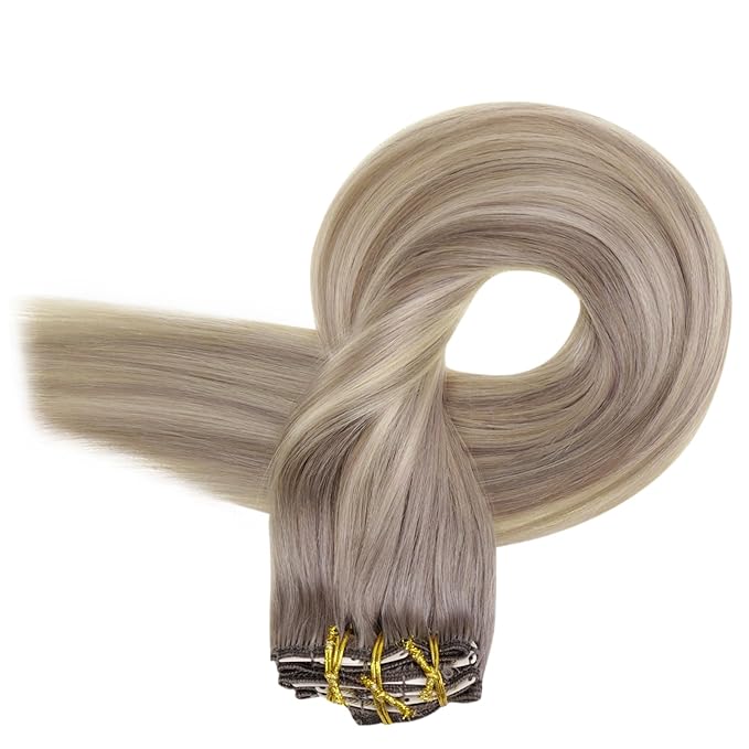 Full Shine Hair Clip in Ombre Grey Human Hair Extensions Full Head Color 19A Fading to 60 Platinum Blonde Highlighted Double Weft Clip ins for Women 18 Inch 7 Pcs 120 G