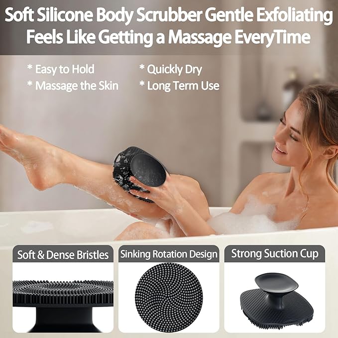 Soft Silicone Body Scrubber, Gentle Like a Hand Exfoliating Your Skin and Build Up Lather, Back Large Suction Cup Easy to Store, & Deep Clean (Body Scrubber + Face Scrubber Black)