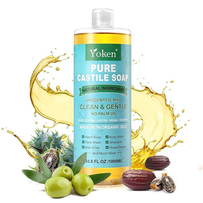 EWG Verified Castile Soap Liquid Unscented 33.8 fl oz Pure Castile Liquid Cleanser Made With Organic Oil, Clean & Gentle, Natural Castor Oil Soap for Body Wash, Hand, Dishes, Laundry